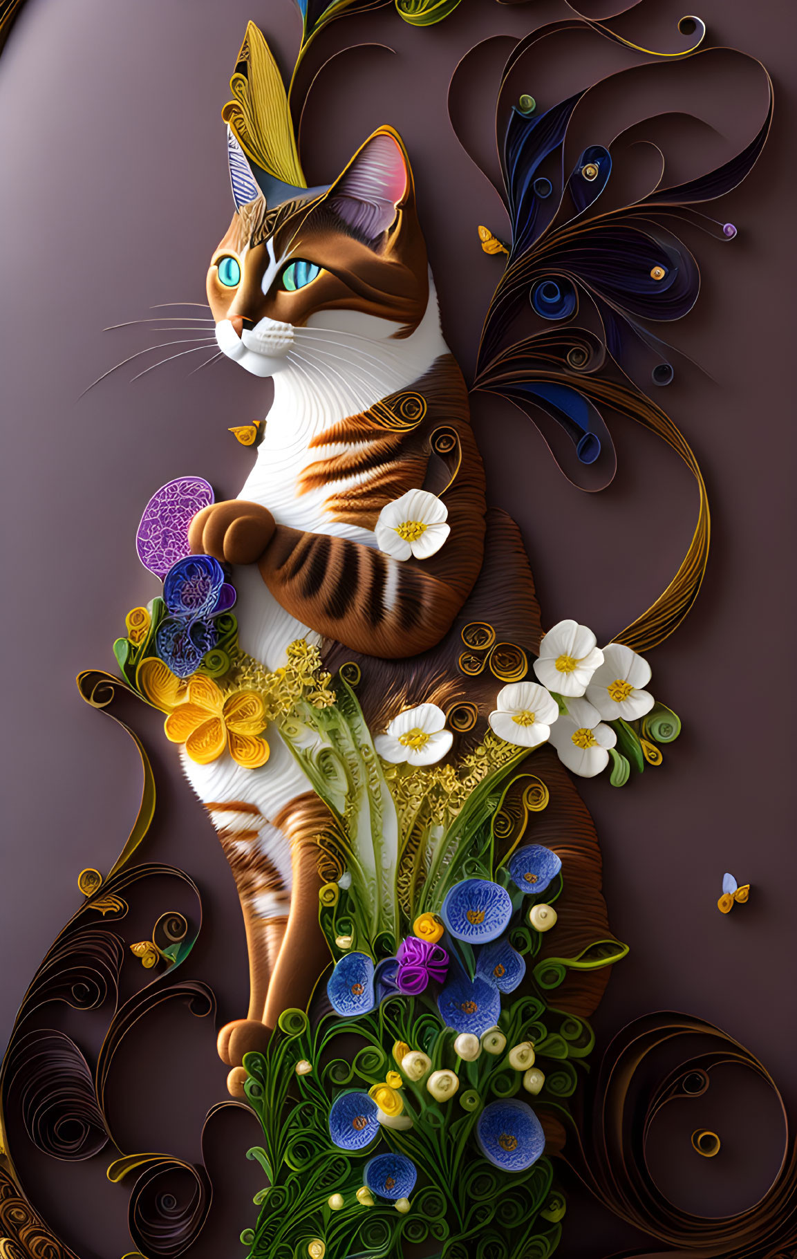 Stylized cat with floral patterns on dark purple background