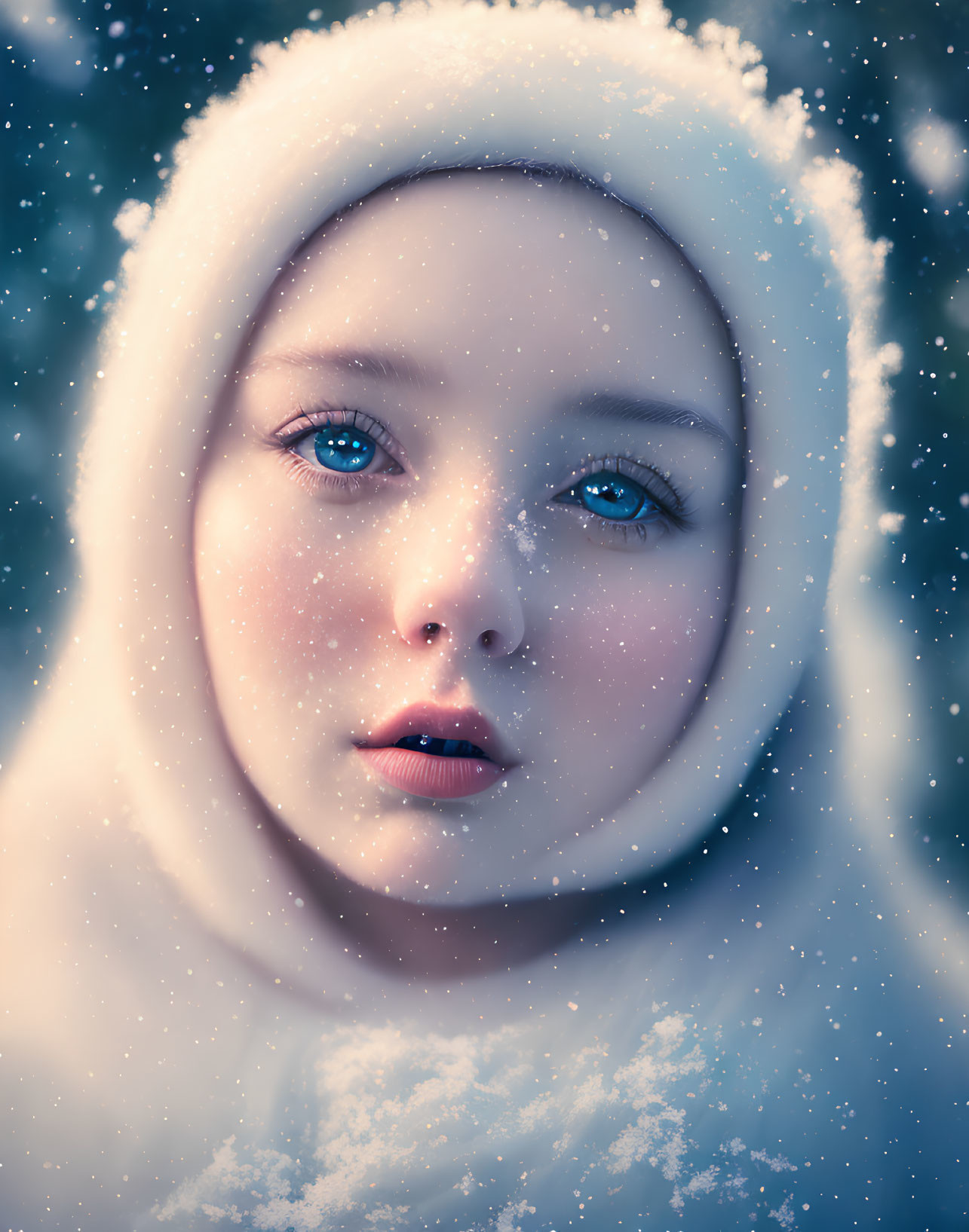 Close-up of person with pale skin and blue eyes in white scarf with snowflakes.