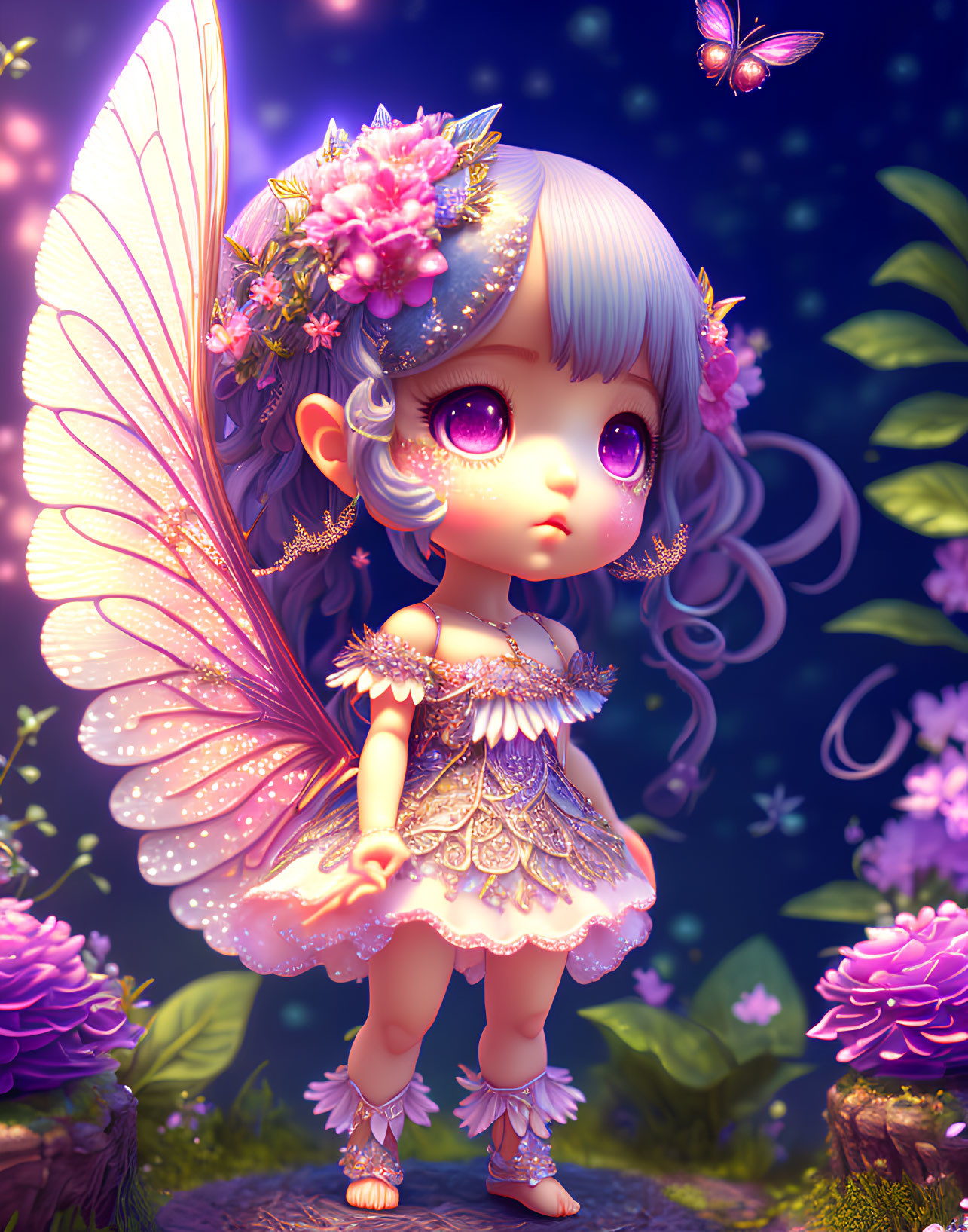 Anime-style fairy with purple eyes, ornate wings, and floral headdress in enchanted garden