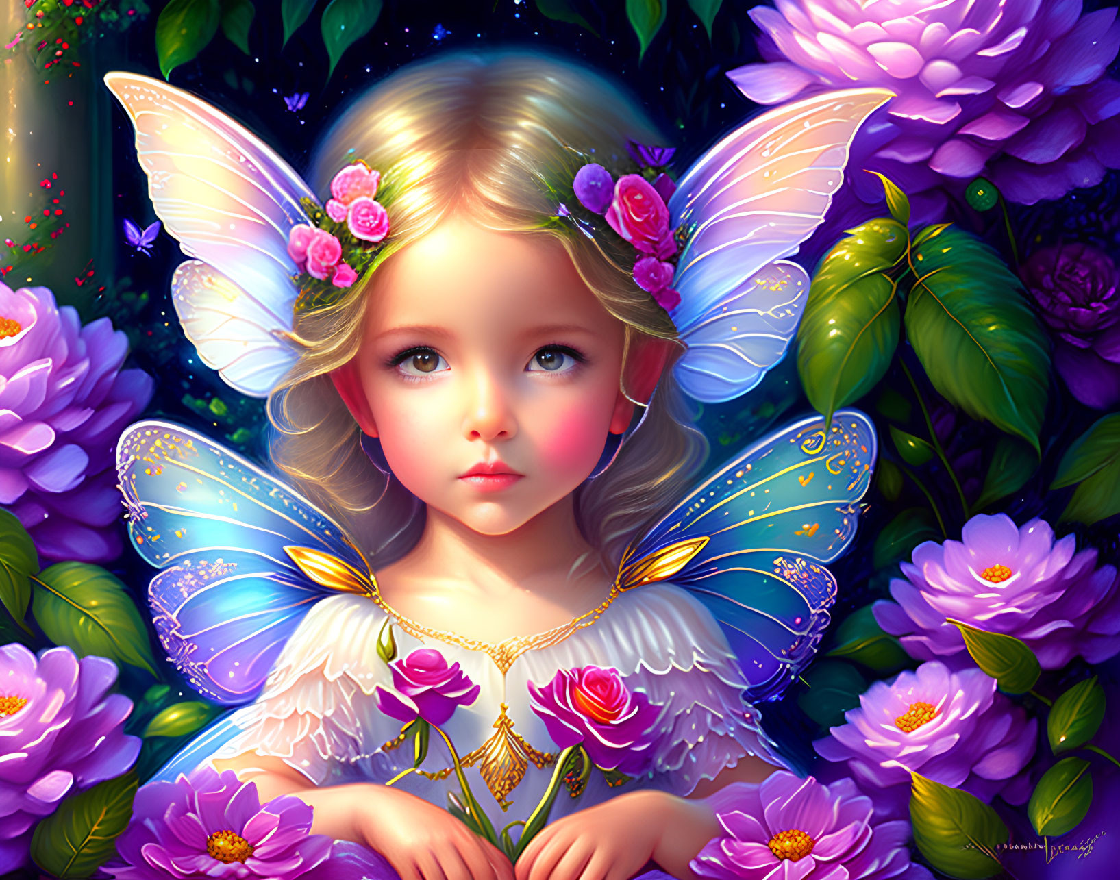 Fairy child with gossamer wings and purple flowers.