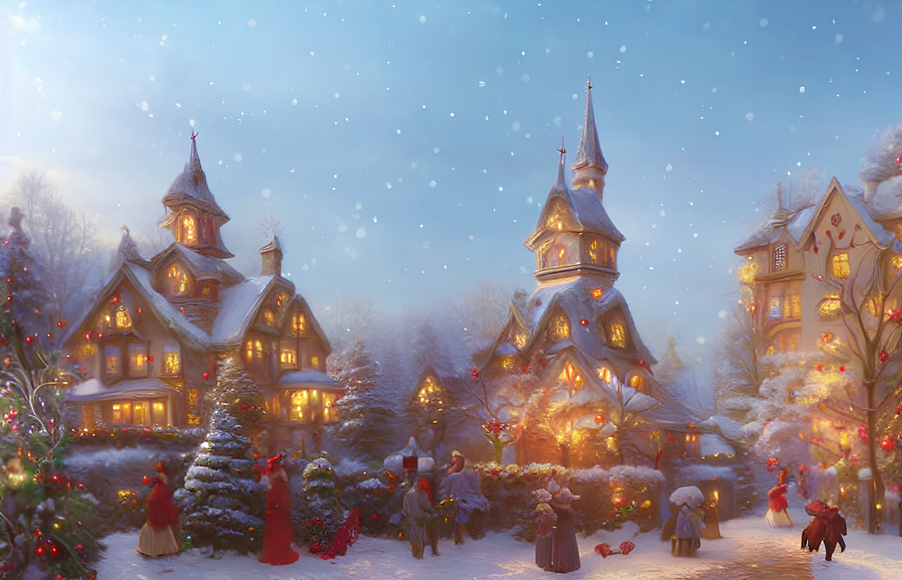 Snow-covered winter village scene with illuminated Christmas trees and strolling figures