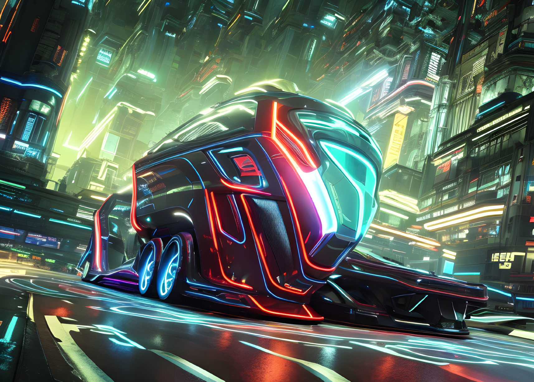 Glowing futuristic vehicle in neon-lit cyberpunk cityscape at night