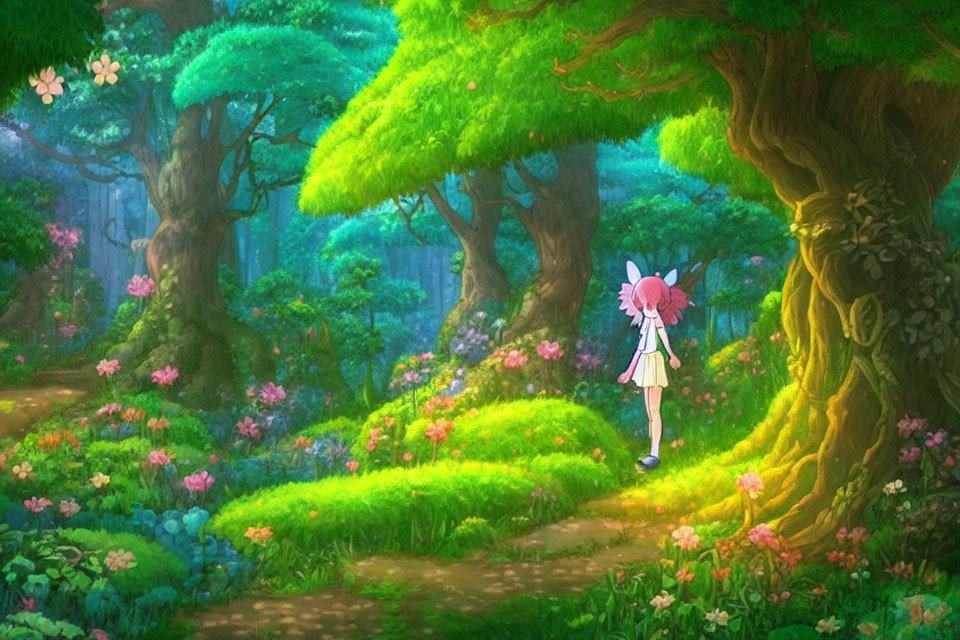 Lush Green Forest Path with Pink-Haired Figure and Wings