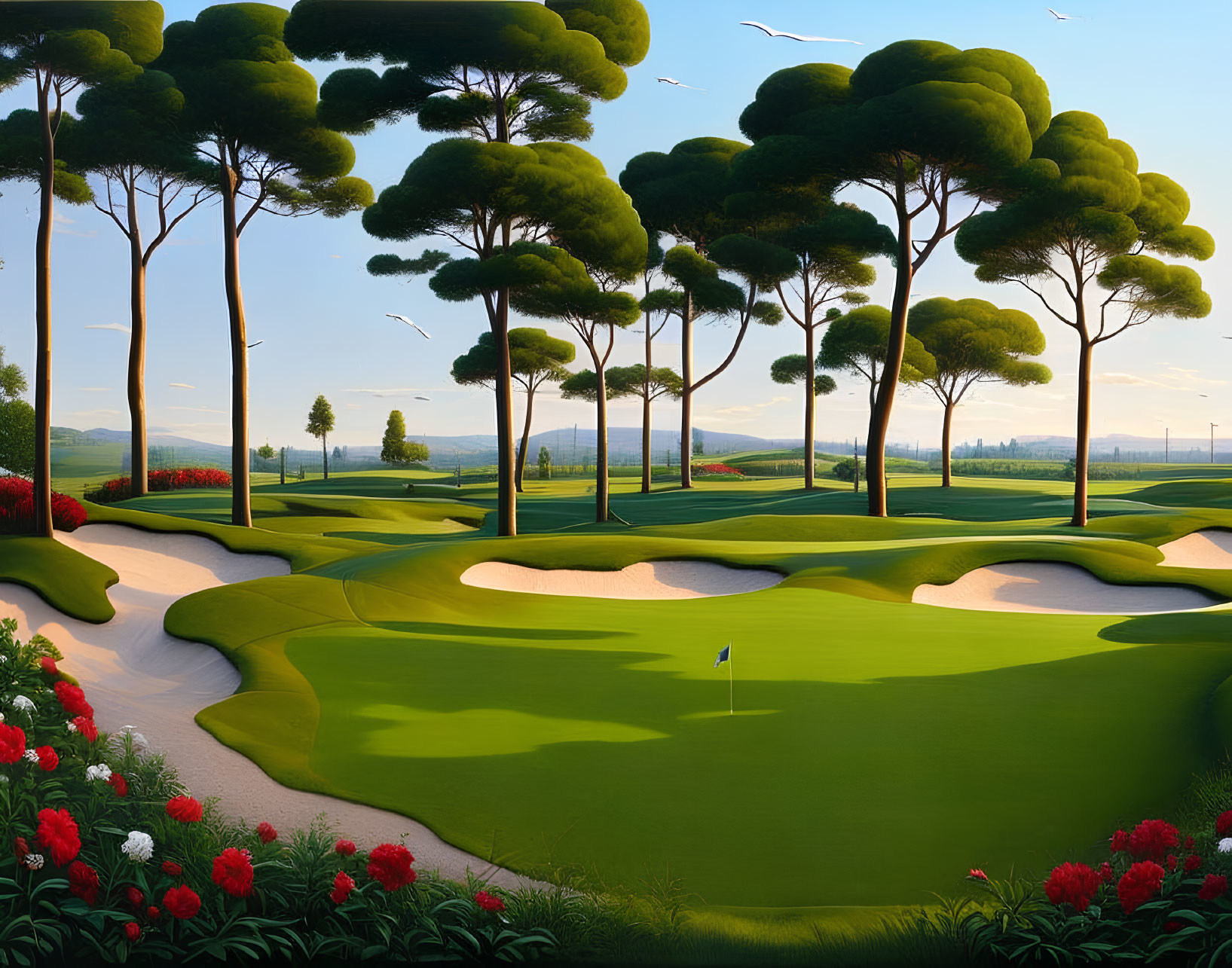 Scenic golf course with greenery, sand bunkers, flagstick, trees, and flowers