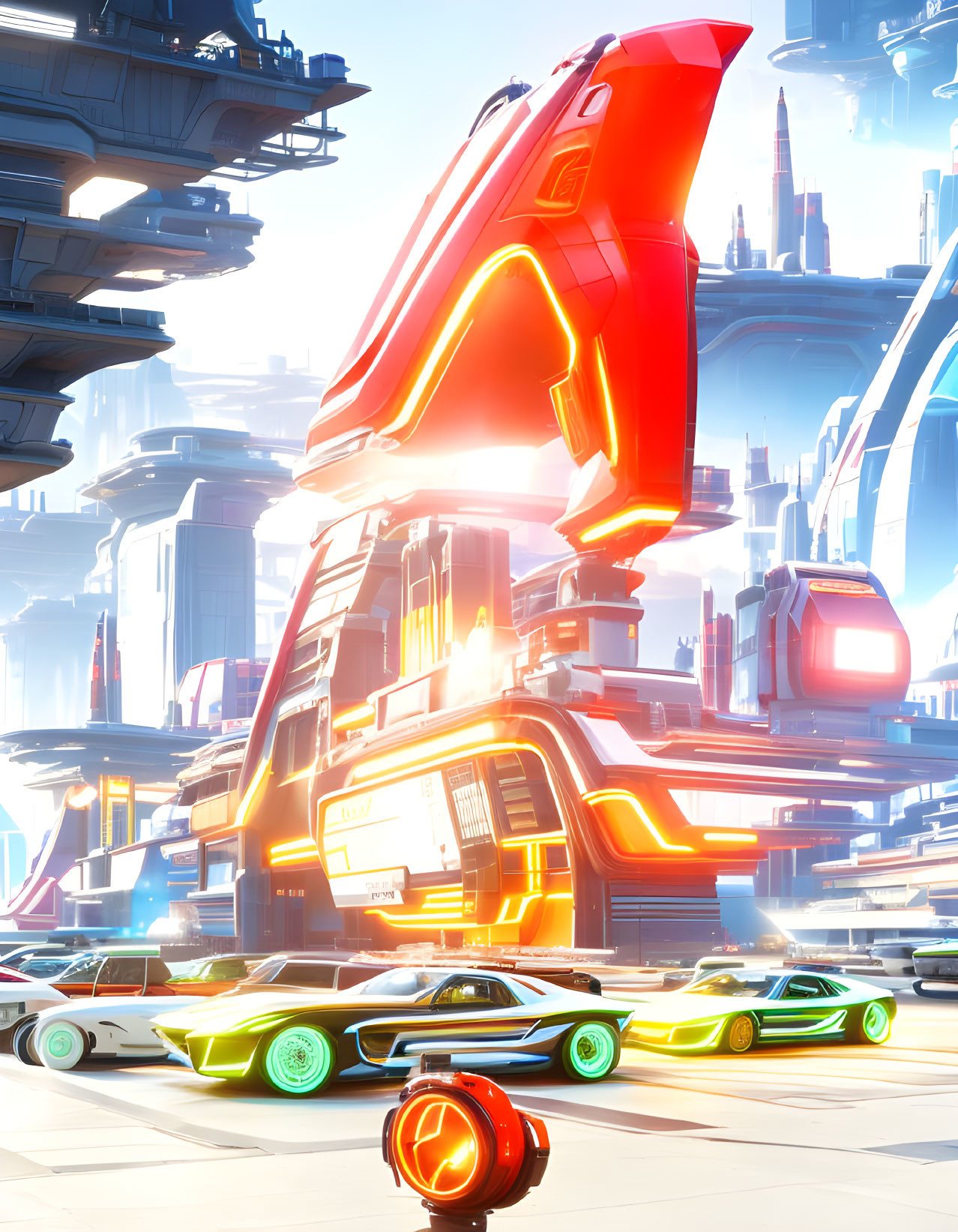 Futuristic cityscape with towering structures and flying vehicles in neon colors