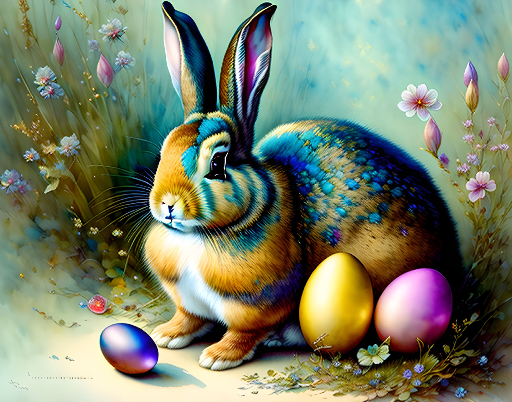 Vibrant Easter rabbit with colorful eggs in floral setting