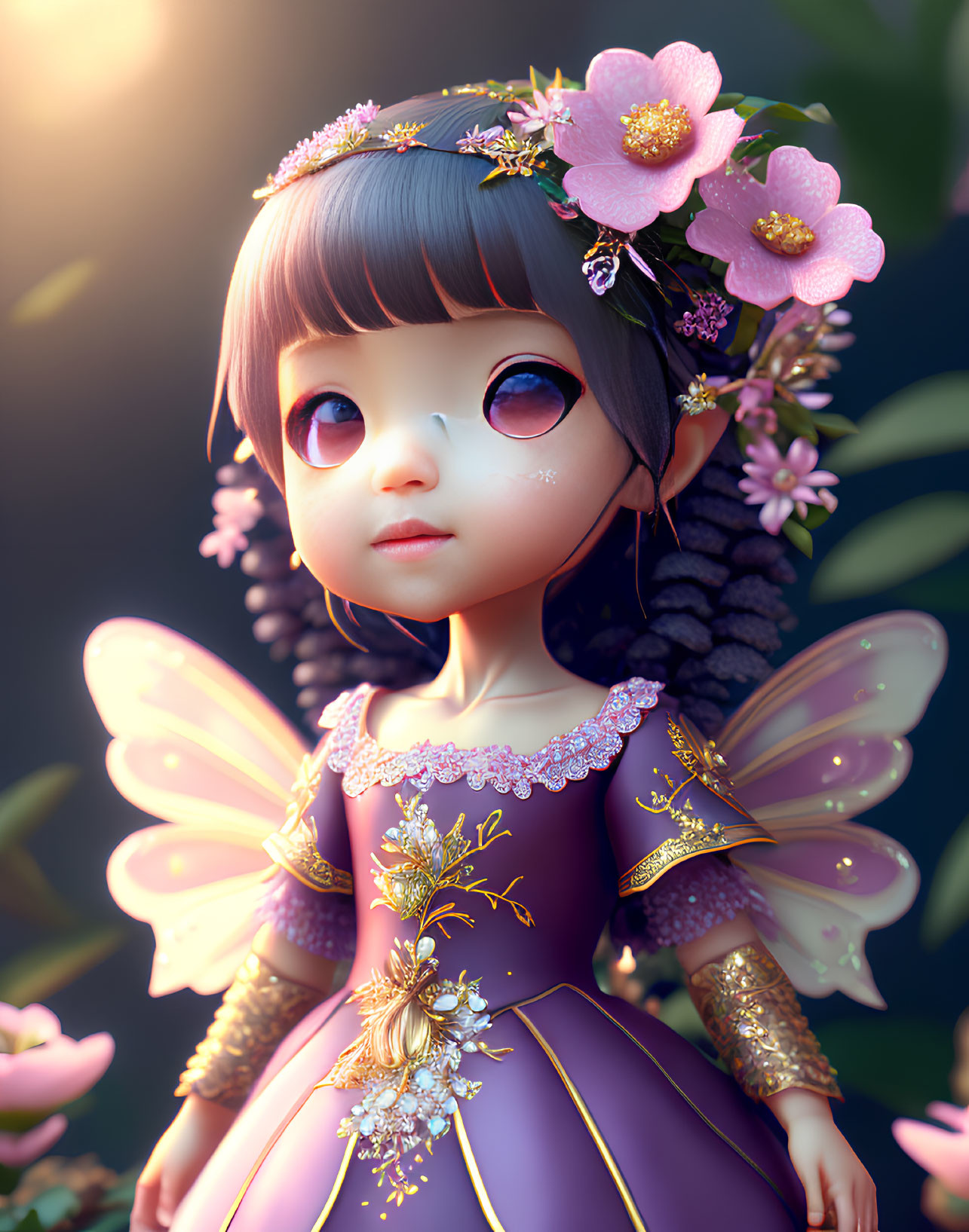 Digital artwork of fairy with large delicate wings in purple dress and floral headpiece on dark background