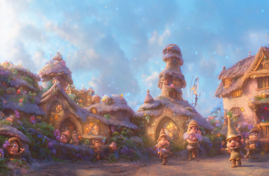 Enchanted village with whimsical houses and gnome-like creatures at twilight