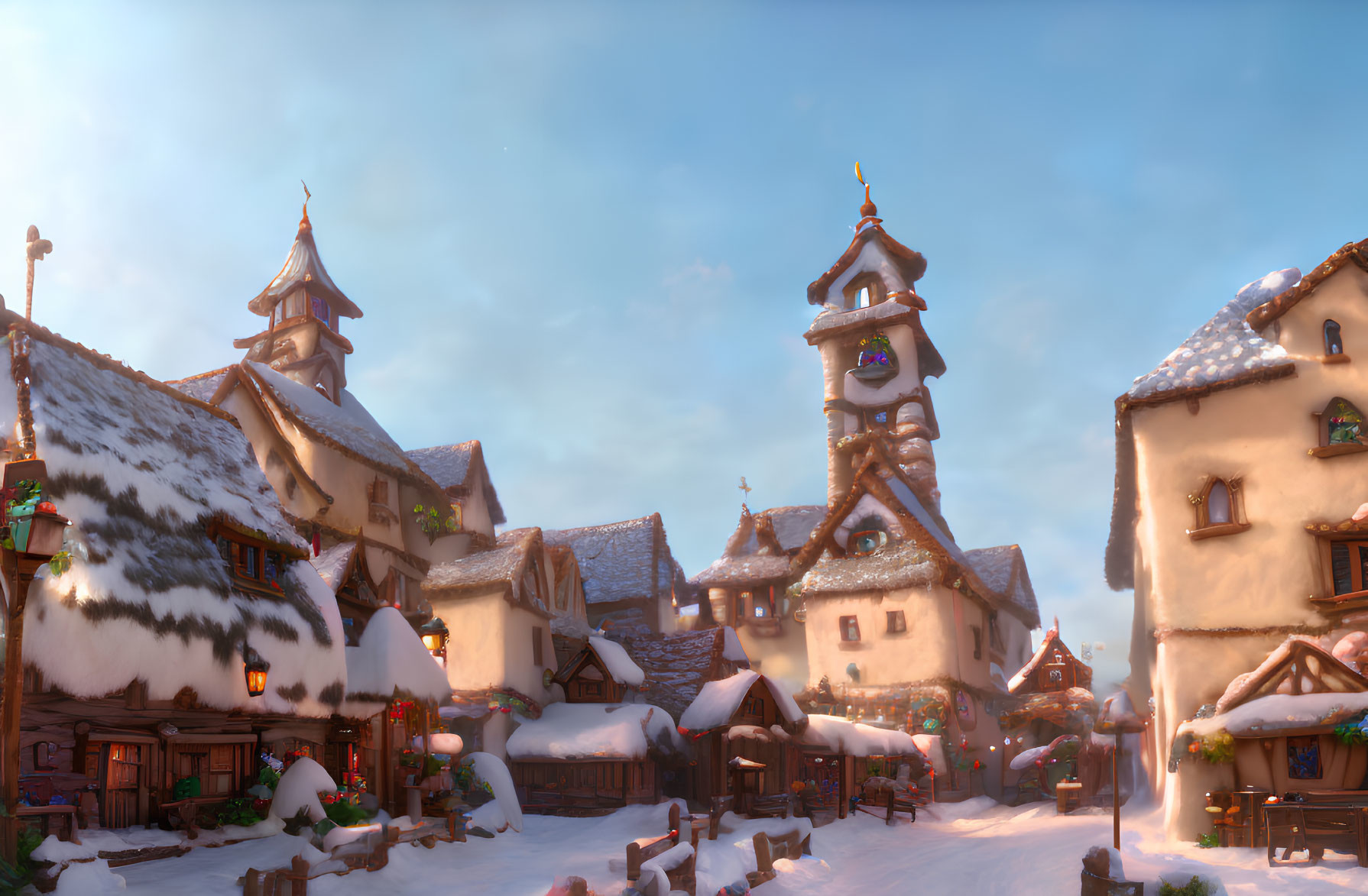 Snowy Village Scene with Charming Snow-Covered Buildings and Festive Decorations