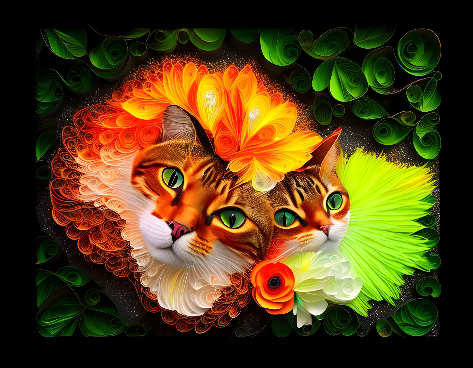 Colorful digital artwork of two stylized cats with green eyes and ornate quilling patterns