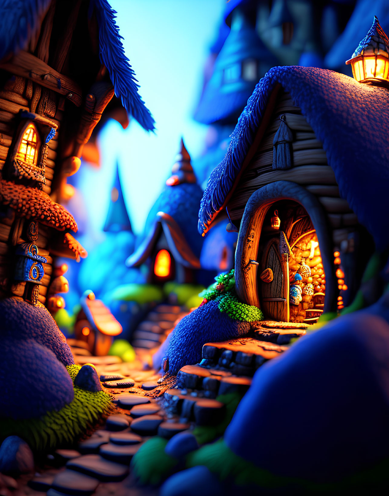 Fantasy village with glowing mushroom houses on cobblestone path