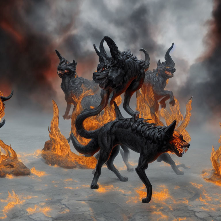 Fiery three-headed hellhound in volcanic landscape