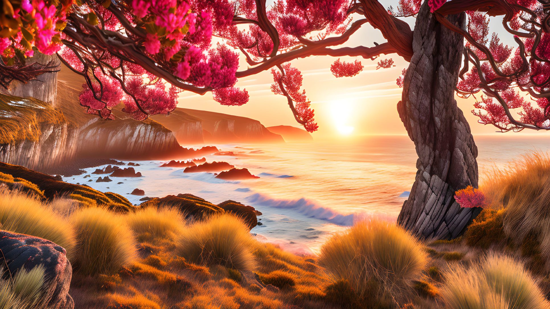 Colorful sunset over ocean with flowering tree, golden grass, and distant cliffs under warm sky