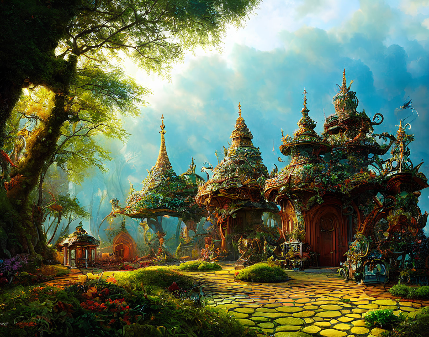 Ornate whimsical buildings in enchanted forest setting