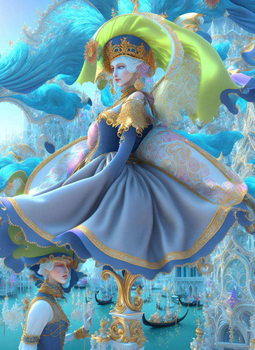Fantasy-styled woman with parasol in blue and gold dress in dreamlike city