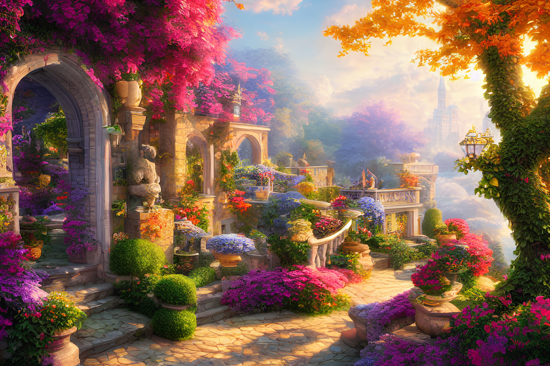 Fantasy garden with colorful flowers, stone archway, and distant castle