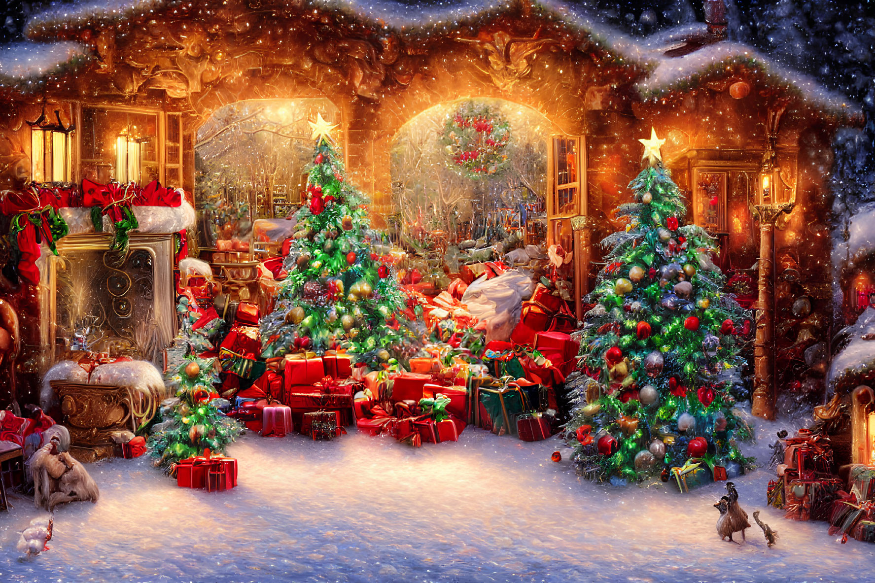 Festive Christmas scene with decorated trees, presents, fireplace, and falling snow