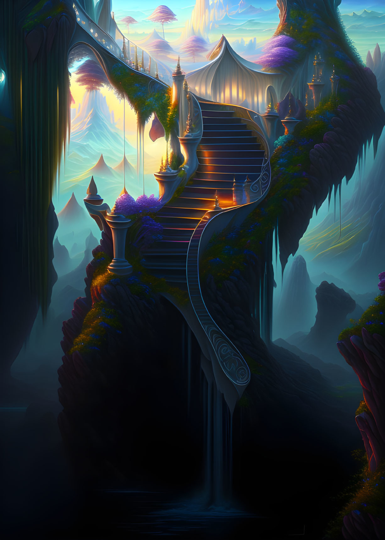 Fantastical twilight landscape with winding staircase, waterfalls, lanterns, vibrant flora, floating islands