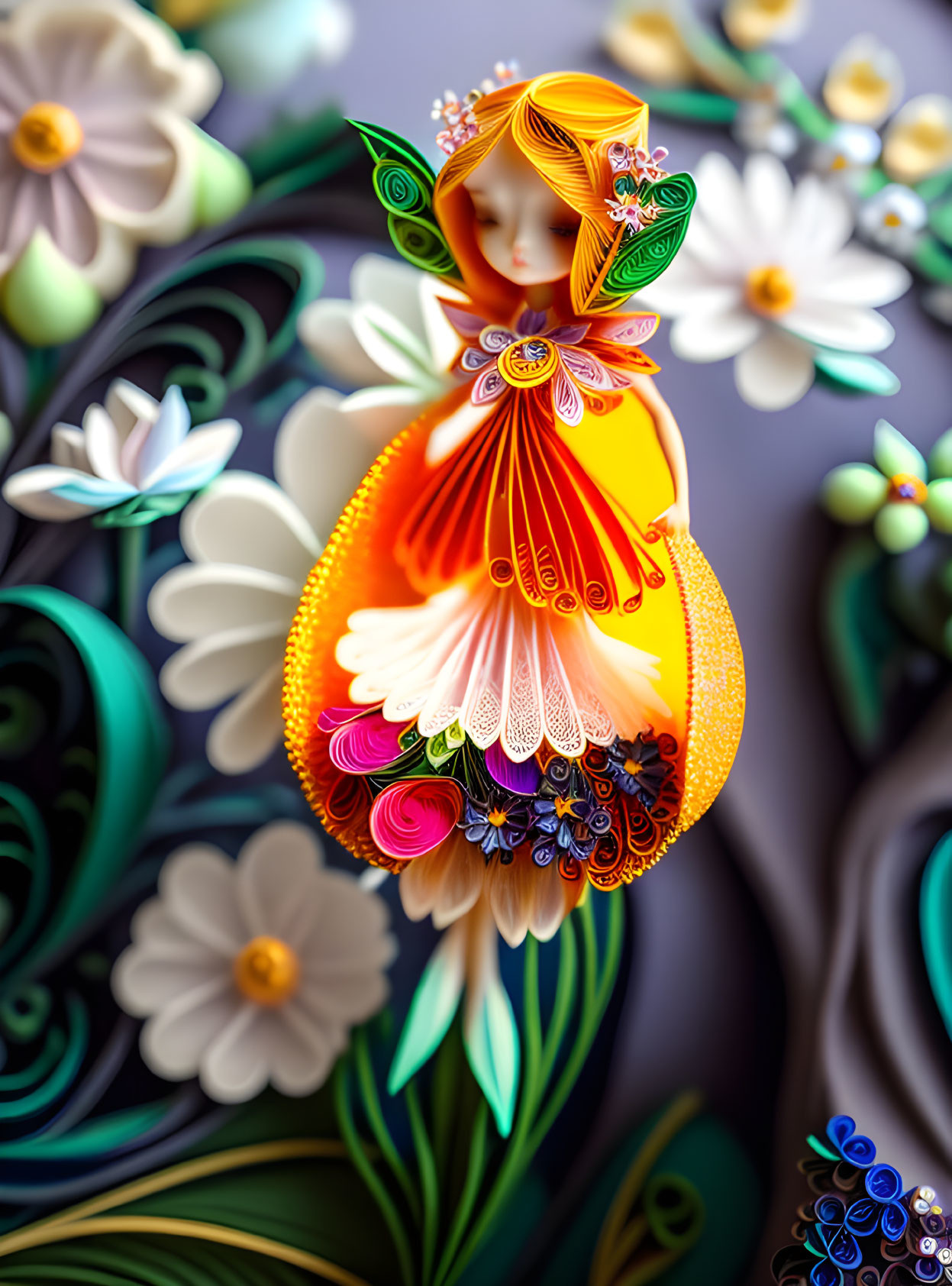 Colorful whimsical character in orange-yellow attire among stylized flowers