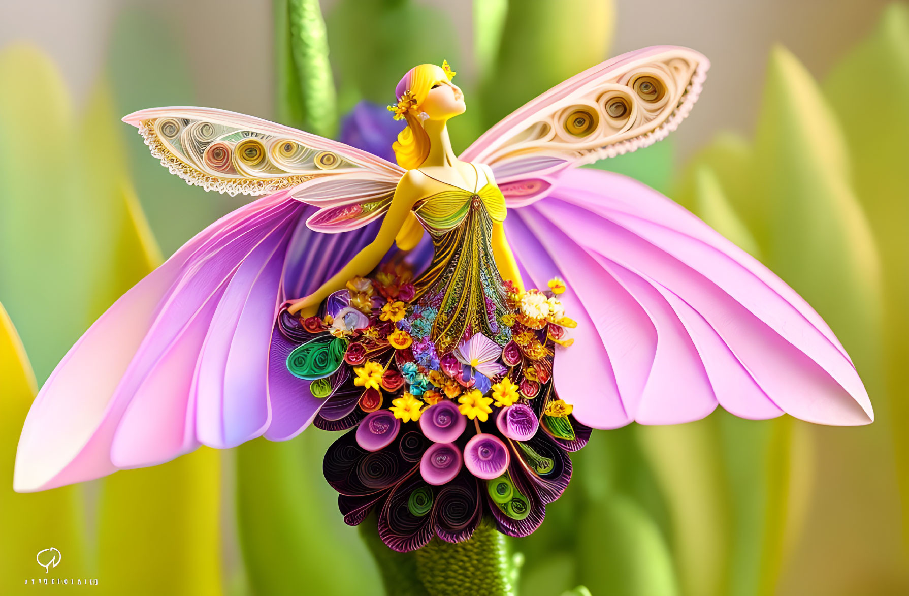 Colorful Quilled Paper Art: Yellow Fairy on Pink Flower