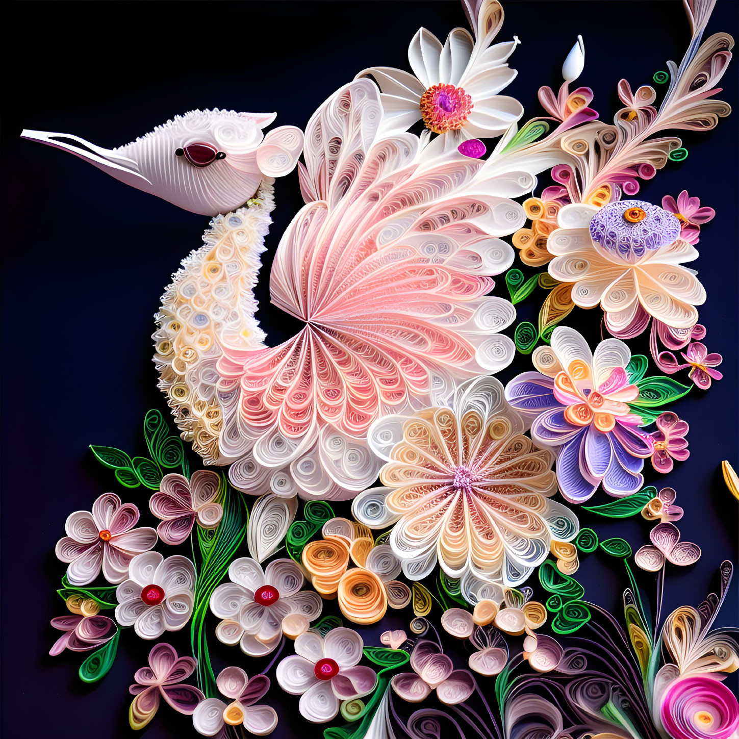 Colorful Quilled Paper Art: Peacock with Floral Patterns and Vibrant Feathers