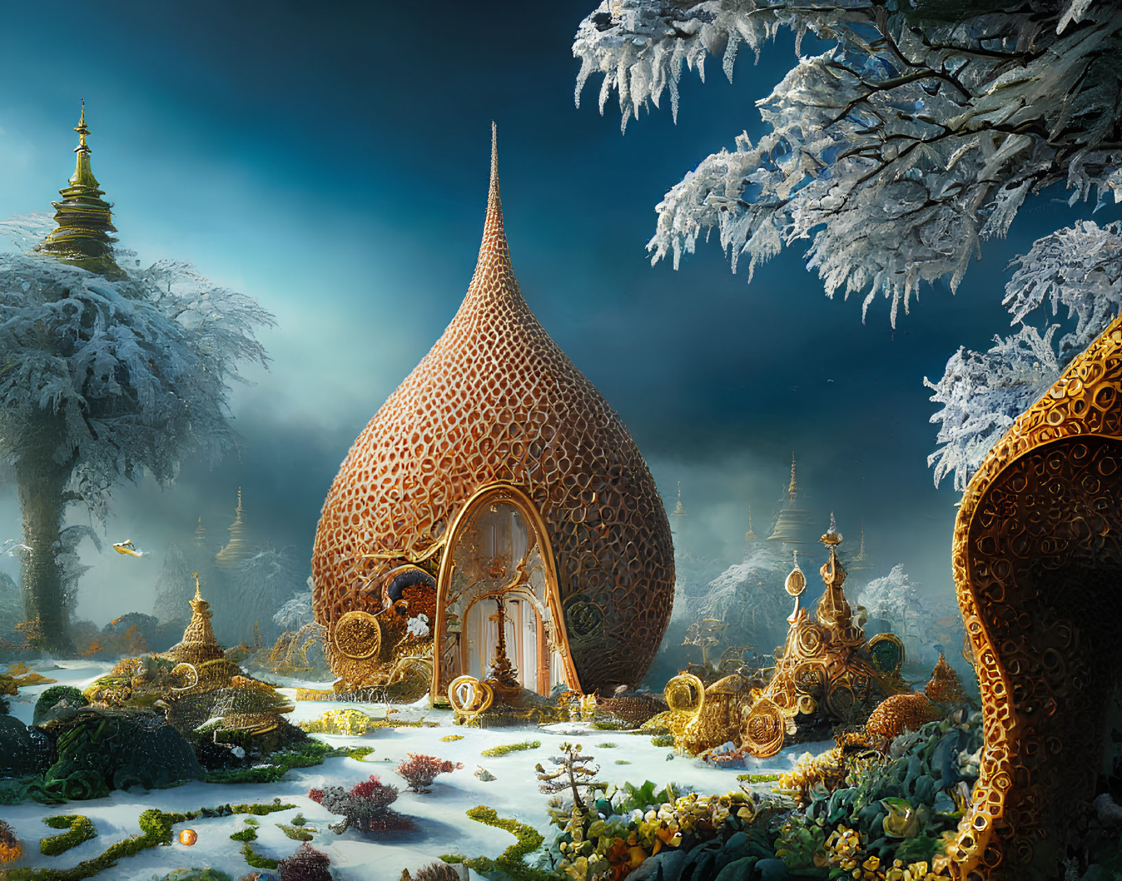 Whimsical landscape with teardrop-shaped structures and frosted trees