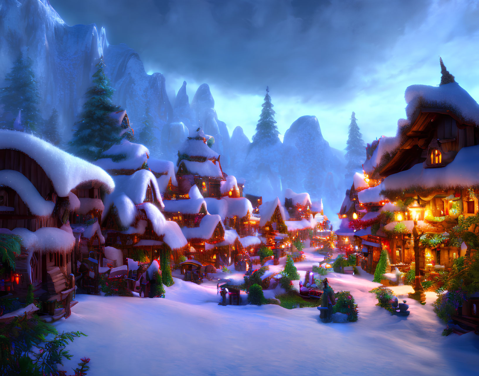 Snow-covered mountains frame cozy winter village with warm glowing lights