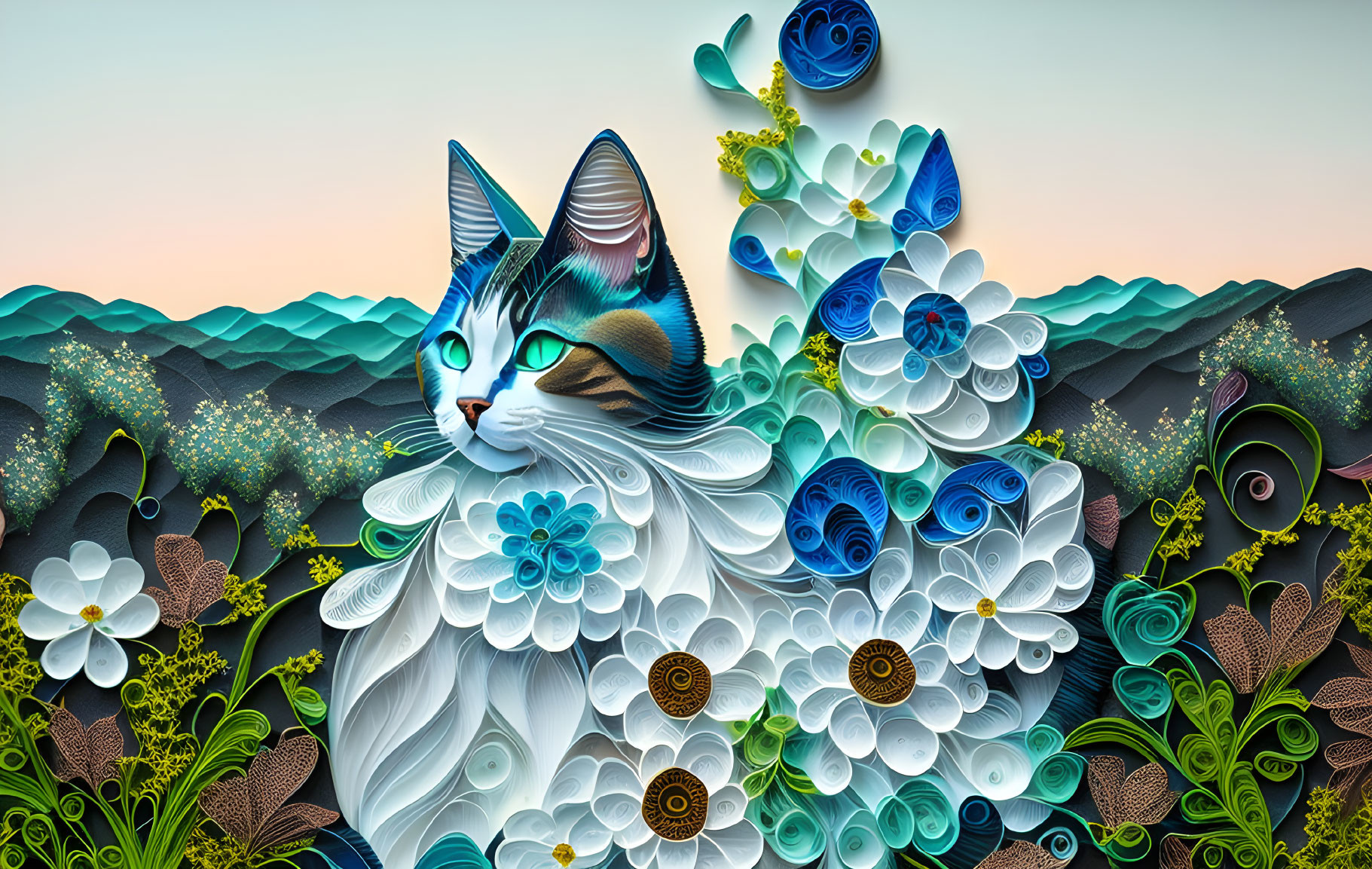 Colorful Paper Art: Vibrant Cat Among Flowers & Hills in Blue Theme