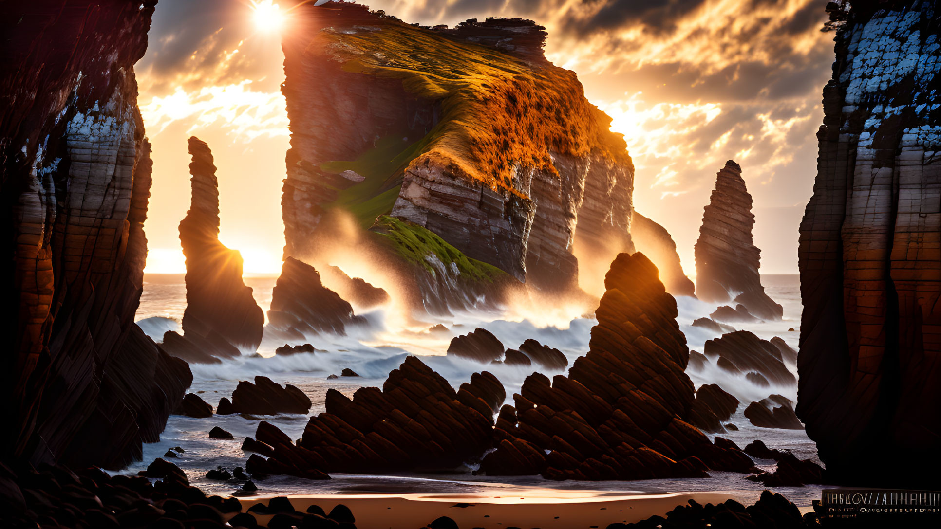 Golden sunset over rugged cliffs and crashing waves with sun peeking through rock archway