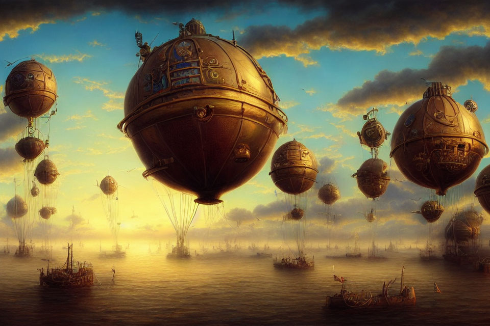 Fantastical steampunk airships over ocean at sunset with sailing ships below