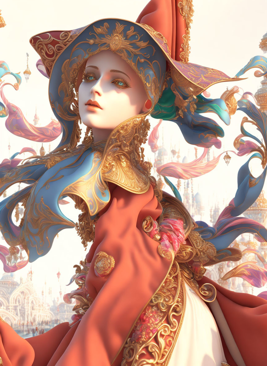 Fantasy digital artwork of woman in ornate costume with blue hair against dreamy backdrop