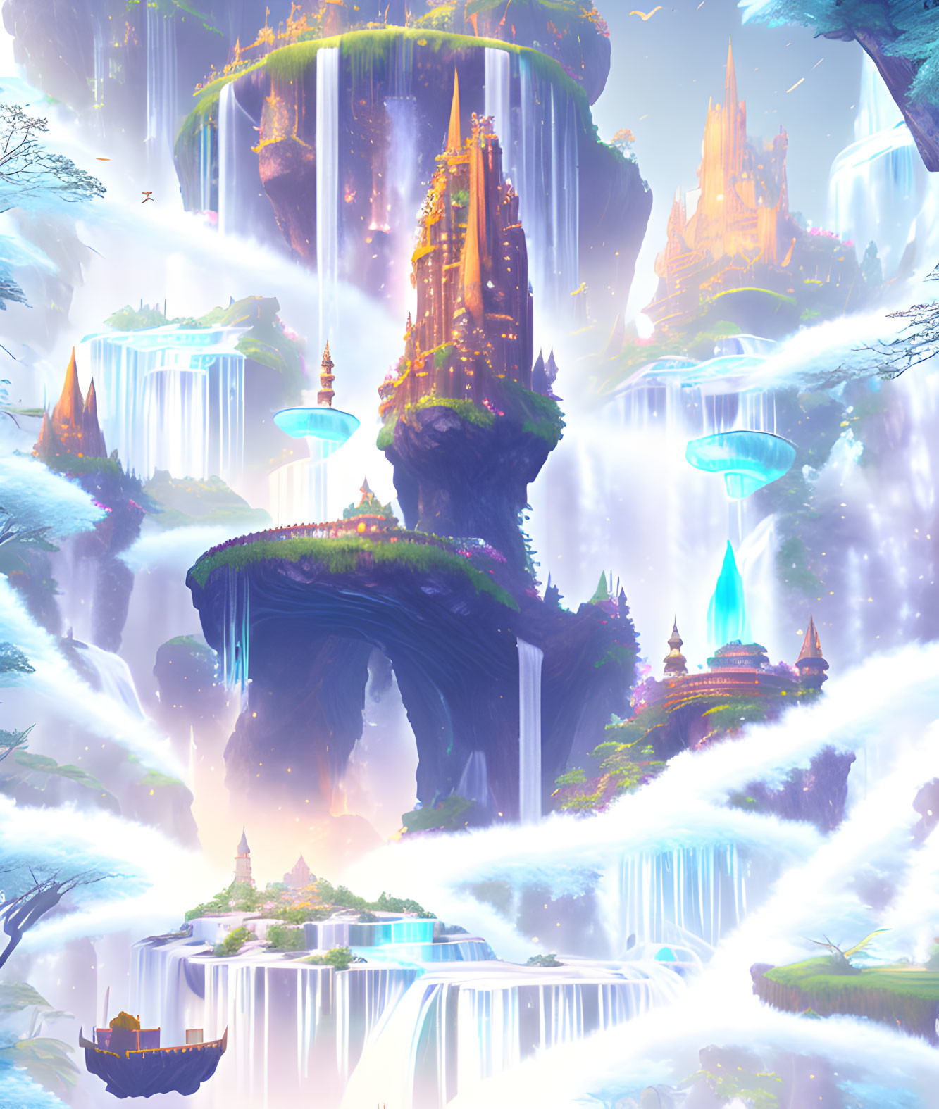 Fantasy landscape with waterfalls, floating islands, and glowing buildings