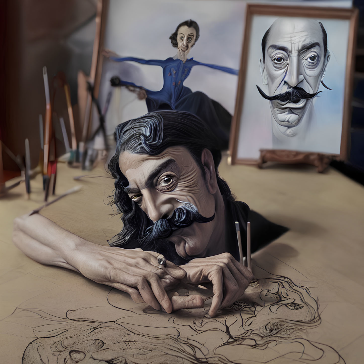 Three caricatures of artists with mustaches in surreal illustration