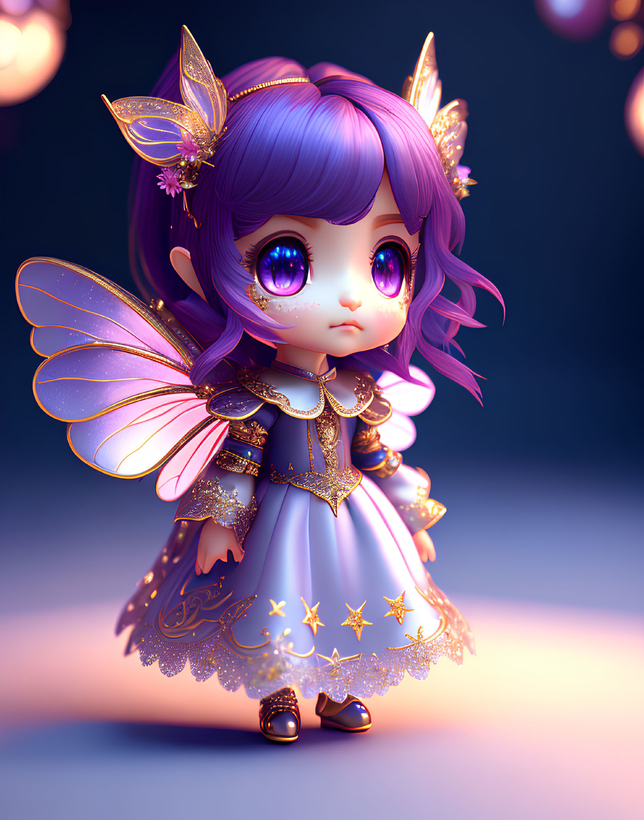 Stylized 3D illustration of a cute purple-haired fairy with butterfly wings