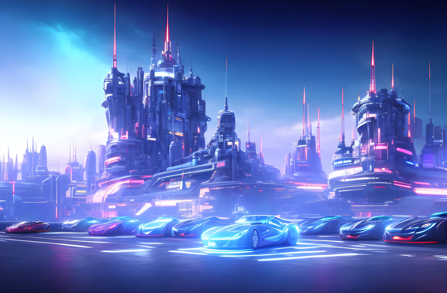 Futuristic twilight cityscape with sleek buildings and glowing vehicles