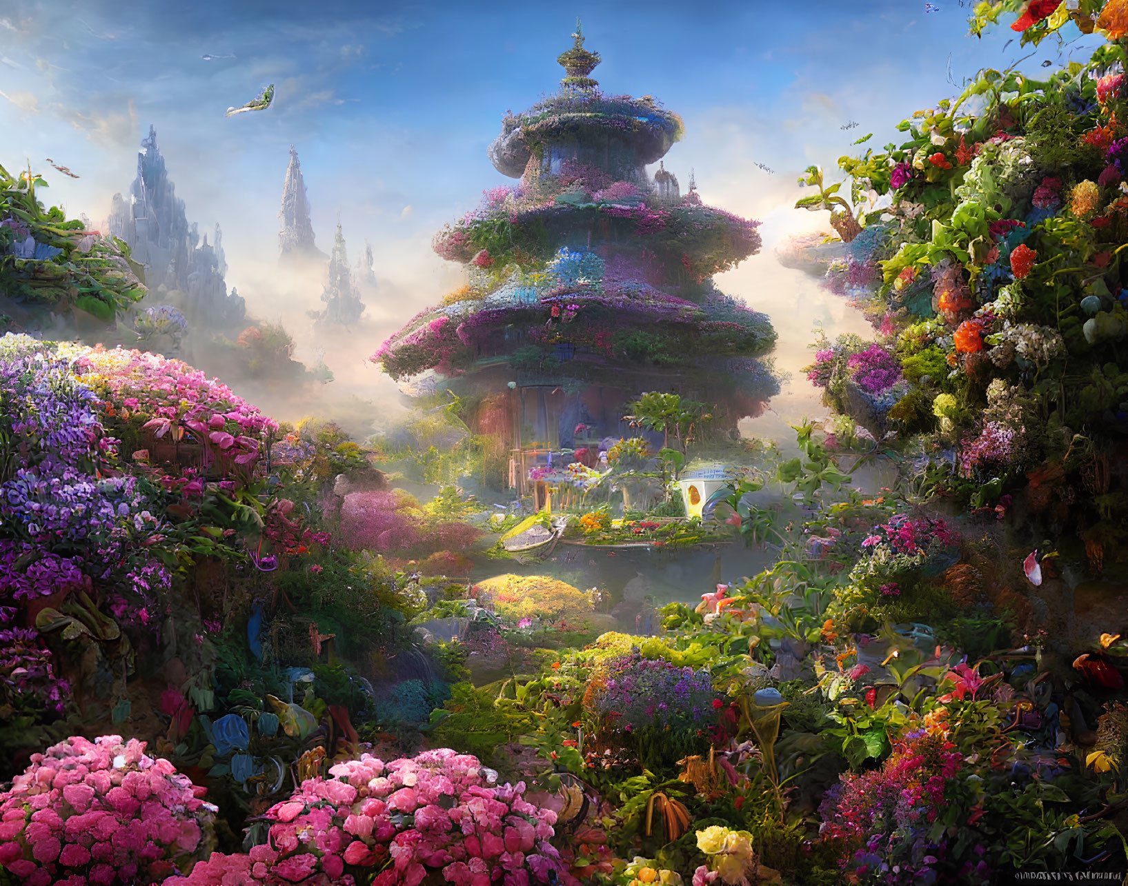 Colorful Fantasy Landscape with Whimsical Pagodas & Lush Gardens