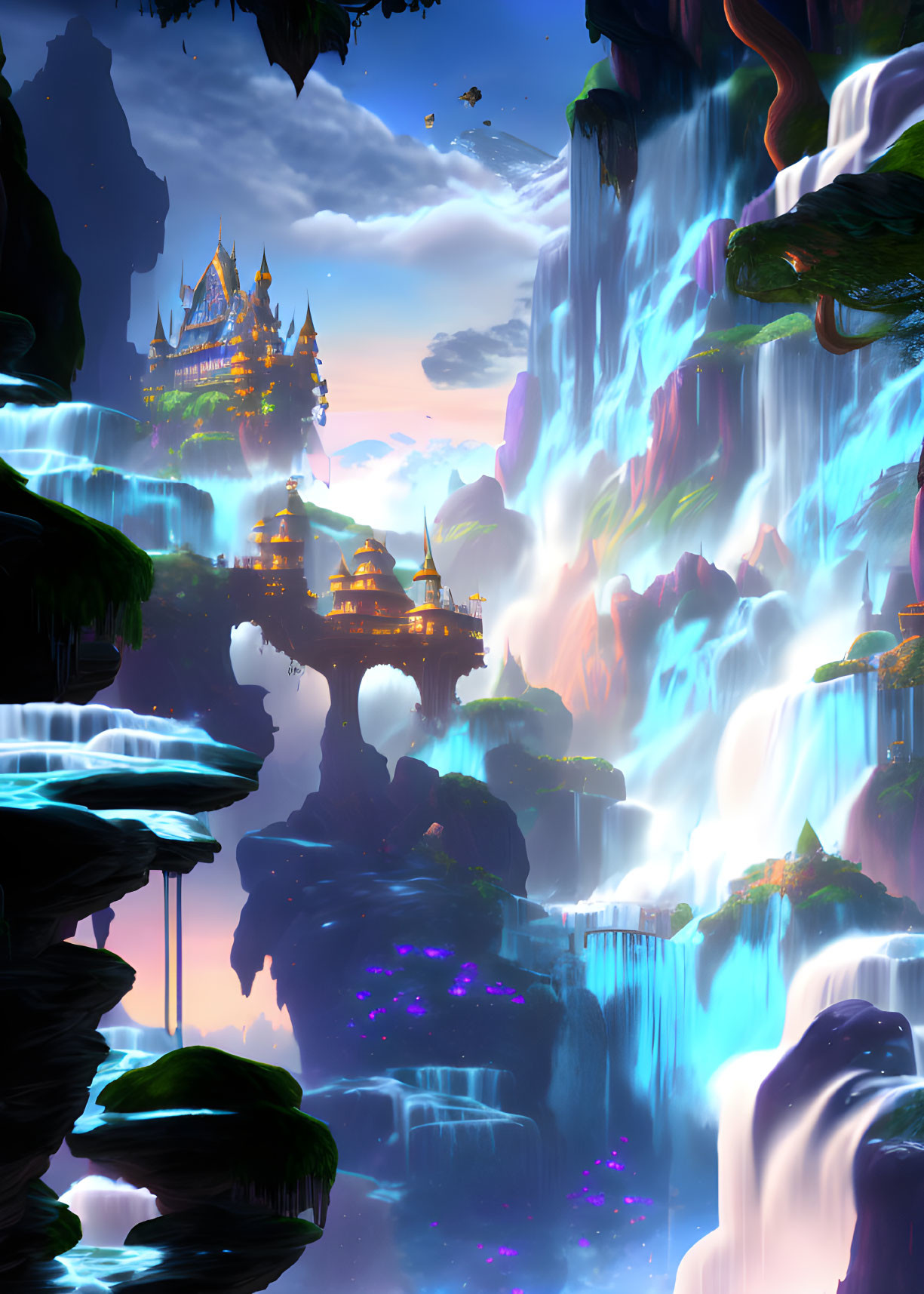 Fantasy landscape with waterfalls, floating islands, and palace-like structures