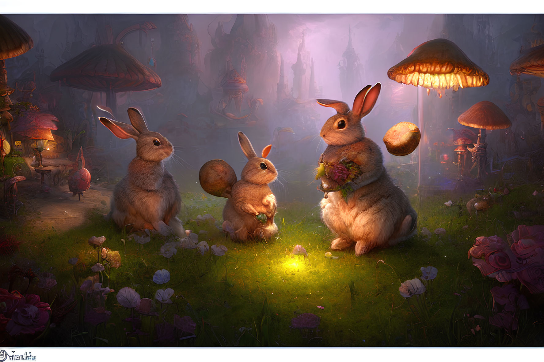 Enchanting forest scene with rabbits, glowing mushrooms, flowers, bouquet, and magical atmosphere