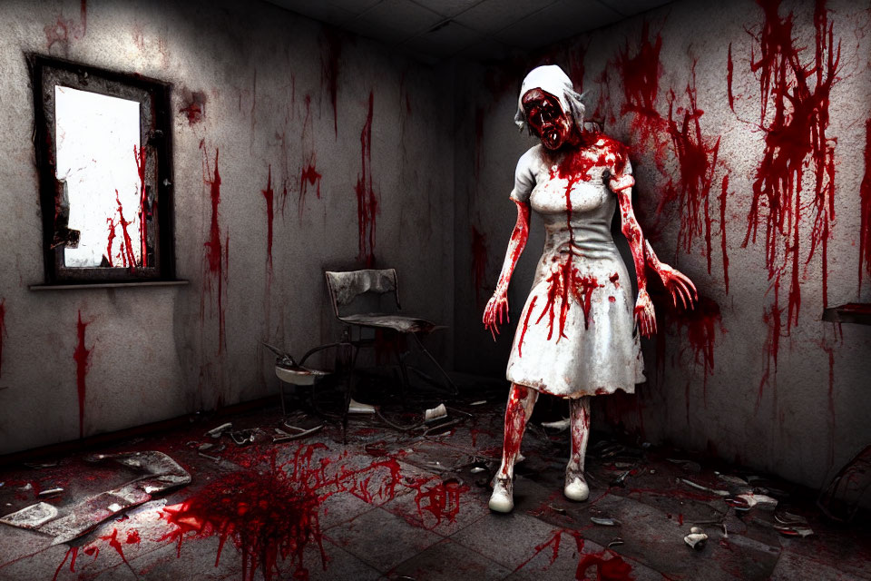 Bloody horror-themed room with nurse figure in bandaged face