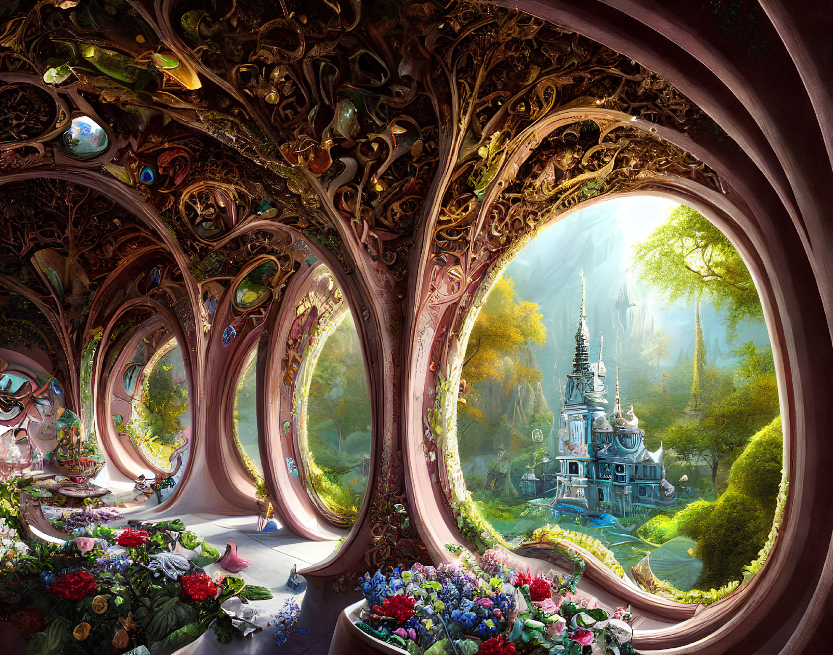 Ornate interior with arches leading to vibrant forest and enchanted castle