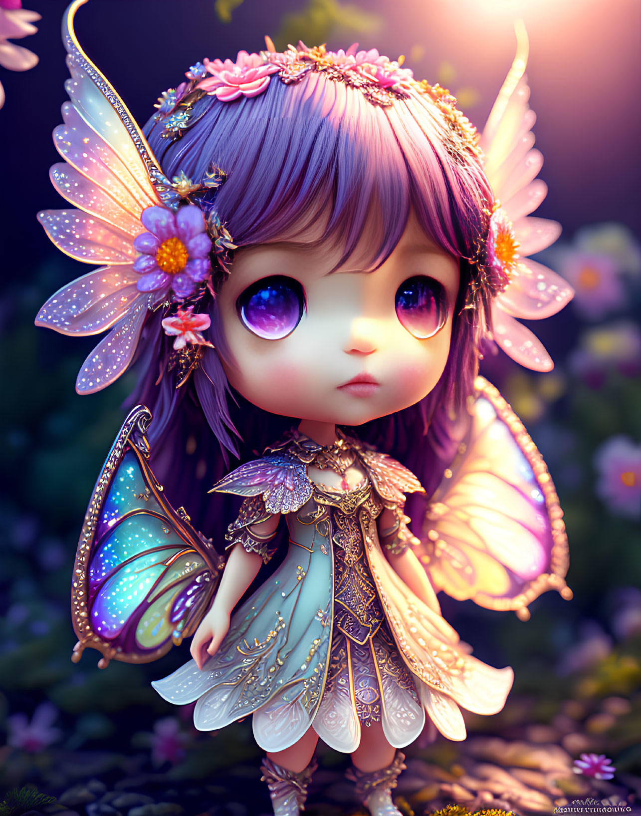 Illustrated fairy with purple eyes and iridescent wings in floral setting