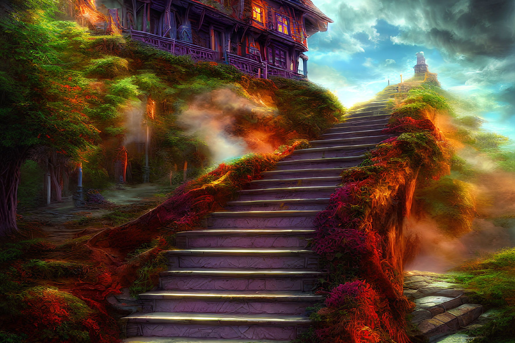 Mystical forest scene with stone staircase, traditional wooden house, ancient temple, autumn foliage, and