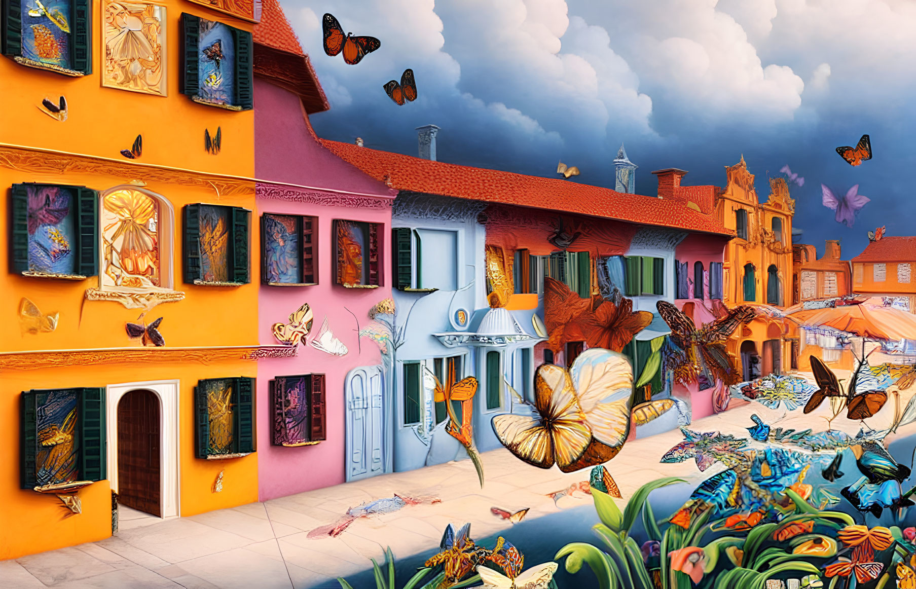 Vibrant street scene with oversized butterflies and lush greenery