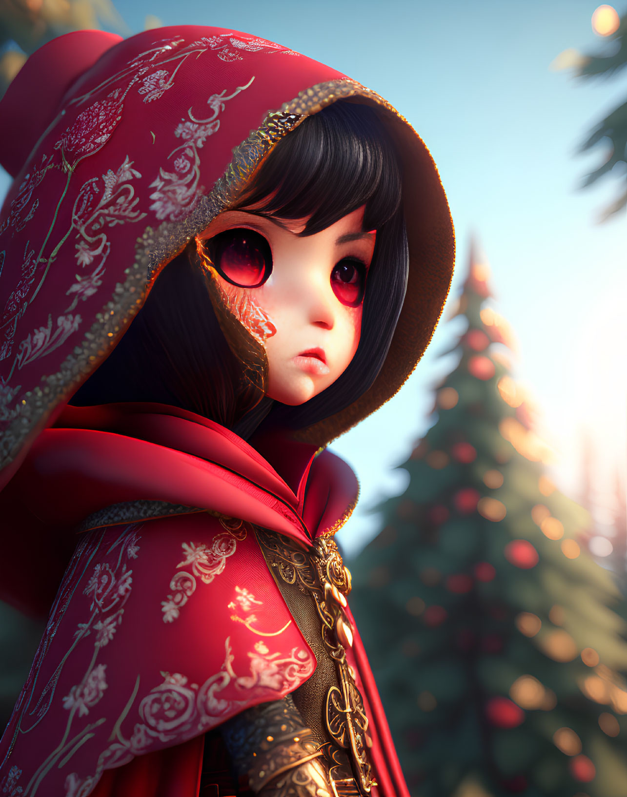 Digital artwork featuring girl with large red eyes in ornate red hood against Christmas tree backdrop