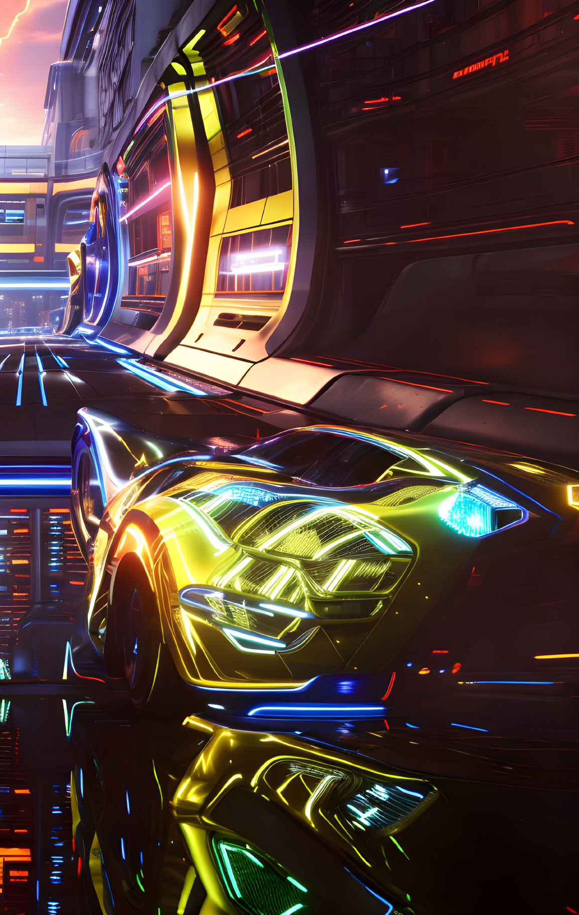 Futuristic car with vibrant neon lights in high-tech cityscape