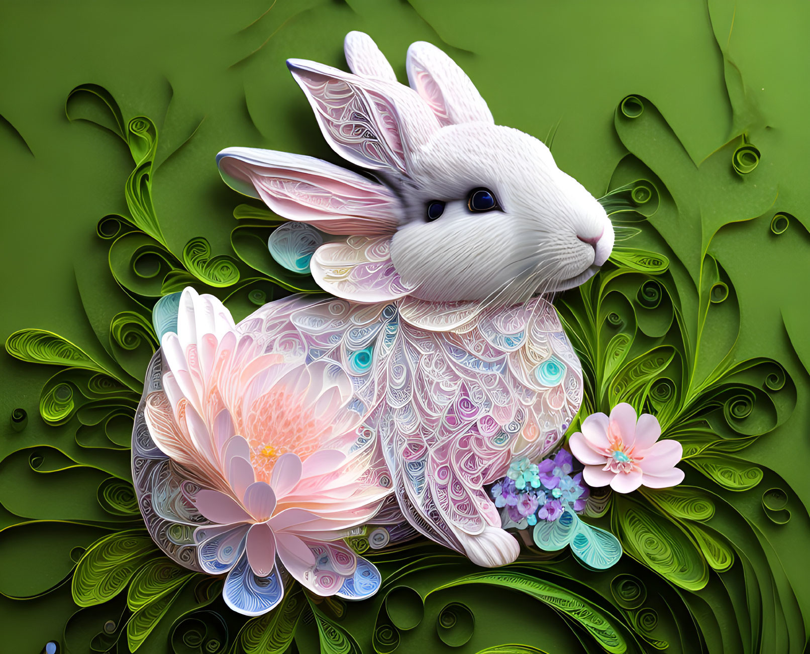 Detailed ornate rabbit with floral and quilling patterns on green background