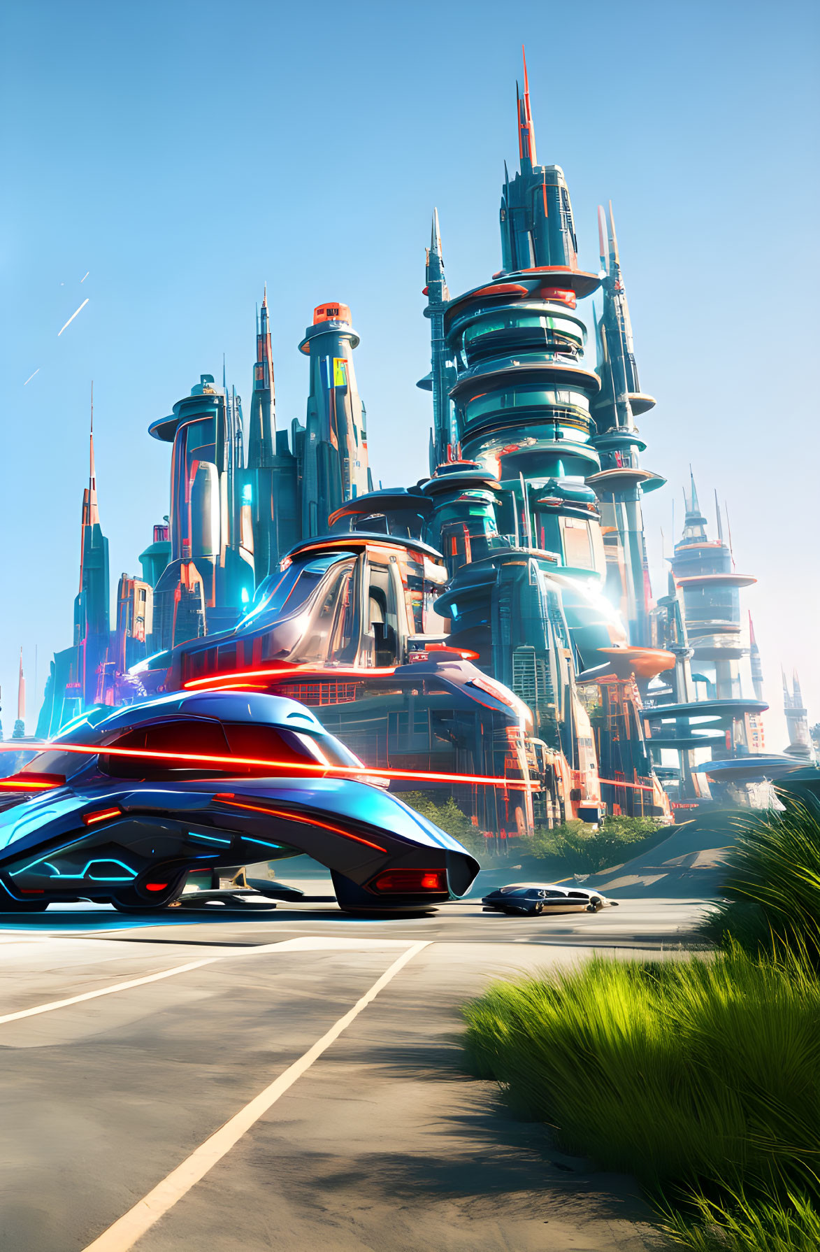 Futuristic Cityscape with Skyscrapers and Vehicles in Vibrant Blue Skies