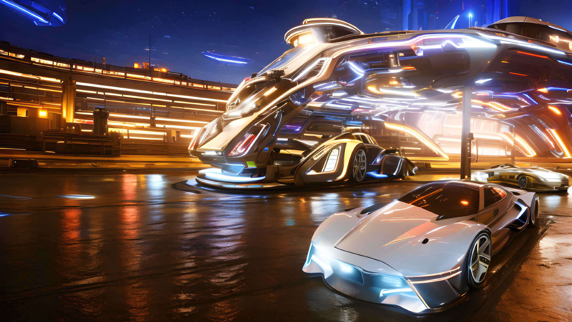 Futuristic cityscape with sports car and spaceship docked