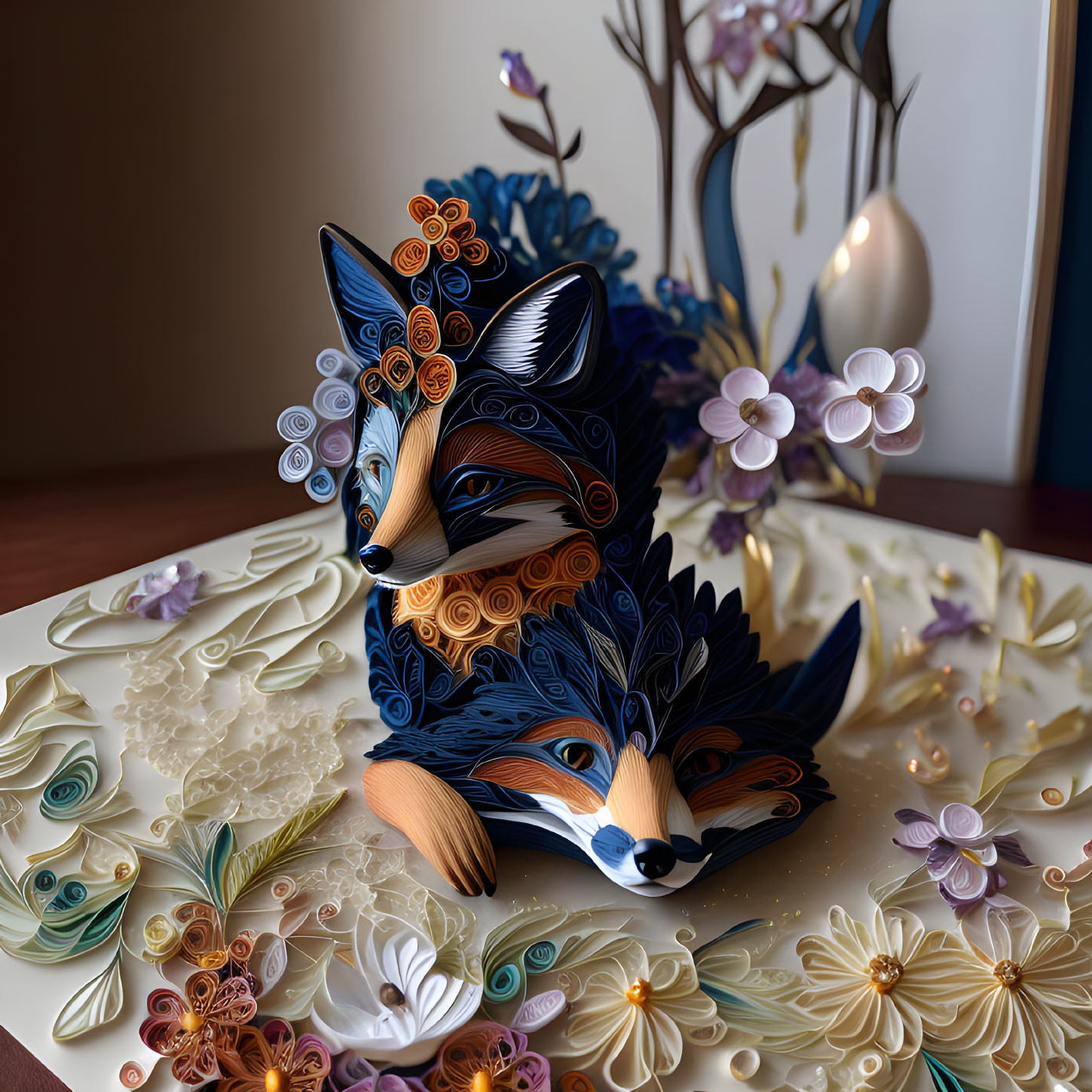 Intricate Paper Quilling Art: Foxes with Floral Patterns