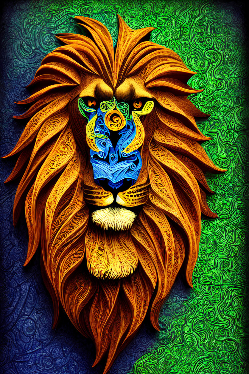 Colorful lion with intricate patterns and flowing mane on textured green background